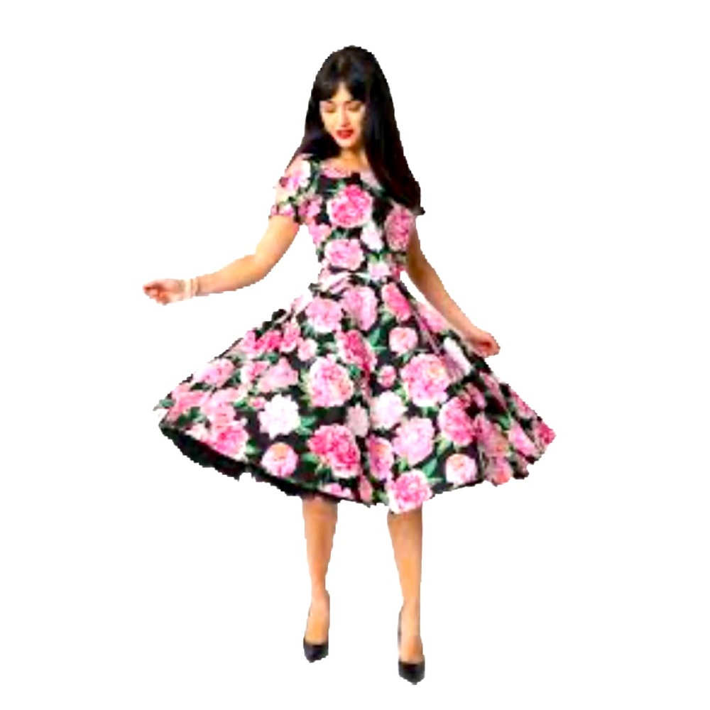 Unique Vintage Bowed Shoulder Fit & Flare Swing Dress Black W/Roses Size L EUC